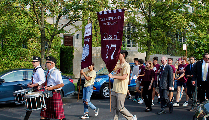 Paul Alivisatos and Melina Hale process with the Class of 2027 for opening convocation